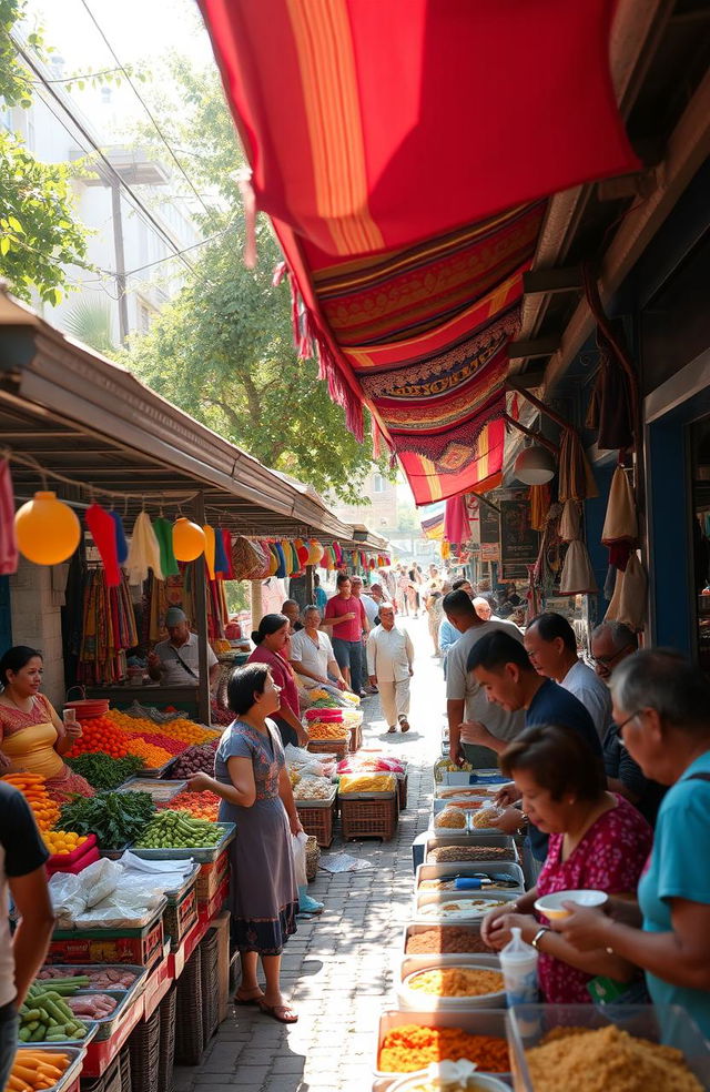 A vibrant and colorful street market scene during the day, bustling with people