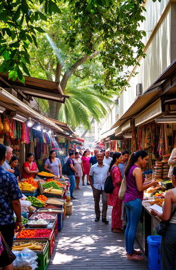 A vibrant and colorful street market scene during the day, bustling with people