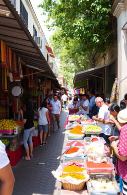 A vibrant and colorful street market scene during the day, bustling with people