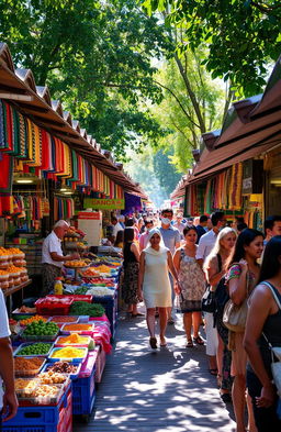 A vibrant and colorful street market scene during the day, bustling with people
