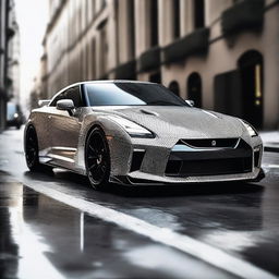 A Nissan GTR of unparalleled luxury, constructed entirely from brilliantly cut diamonds, its angular facets catching and reflecting light as it zips down the road