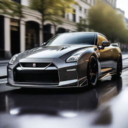 A Nissan GTR of unparalleled luxury, constructed entirely from brilliantly cut diamonds, its angular facets catching and reflecting light as it zips down the road