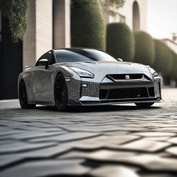 A Nissan GTR of unparalleled luxury, constructed entirely from brilliantly cut diamonds, its angular facets catching and reflecting light as it zips down the road