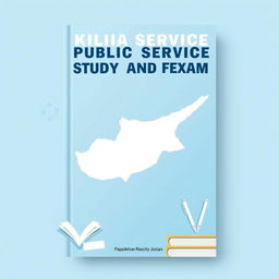 A book cover for 'Public Service Study and Exam Preparation Guide' featuring an outlined and artistic representation of the map of Cyprus as a central design element