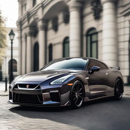 A Nissan GTR of unparalleled luxury, constructed entirely from brilliantly cut diamonds, its angular facets catching and reflecting light as it zips down the road