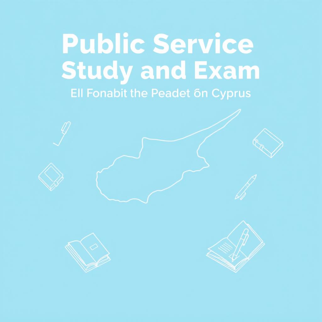 A book cover for 'Public Service Study and Exam Preparation Guide' featuring an outlined and artistic representation of the map of Cyprus as a central design element