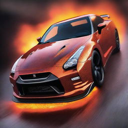 A remarkable Nissan GTR, seemingly crafted from bright, flowing lava, trailing sparks and the warm glow of molten earth as it speeds past