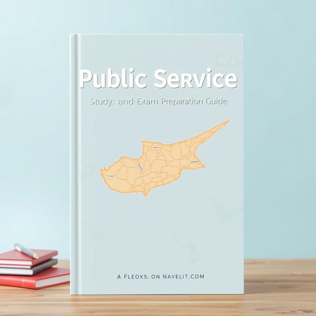 A professional book cover for 'Public Service Study and Exam Preparation Guide' featuring a prominent and artistic map of Cyprus as the centerpiece