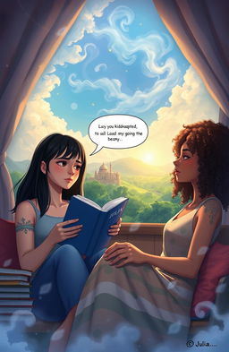 A dreamlike scene depicting two young women, Julia and Lucy, who are deeply connected despite living in different parts of the world