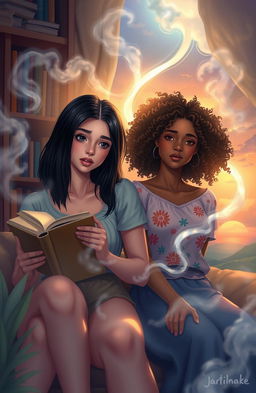 A dreamlike scene depicting two young women, Julia and Lucy, who are deeply connected despite living in different parts of the world