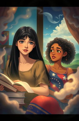 A dreamlike scene depicting two young women, Julia and Lucy, who are deeply connected despite living in different parts of the world