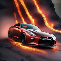 A remarkable Nissan GTR, seemingly crafted from bright, flowing lava, trailing sparks and the warm glow of molten earth as it speeds past