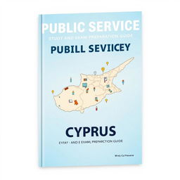 A book cover designed for 'Public Service Study and Exam Preparation Guide', showcasing a detailed and artistic map of Cyprus as the main visual element