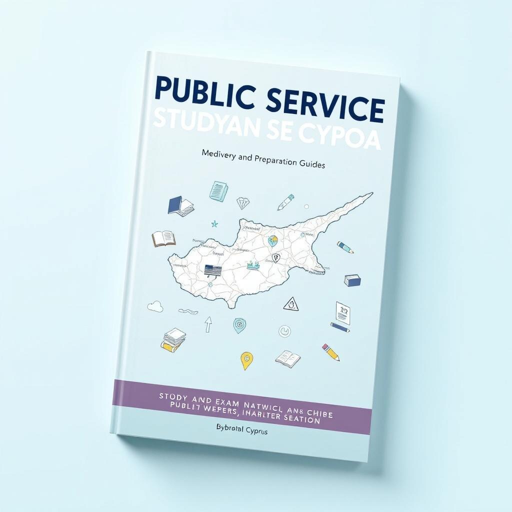 A book cover designed for 'Public Service Study and Exam Preparation Guide', showcasing a detailed and artistic map of Cyprus as the main visual element