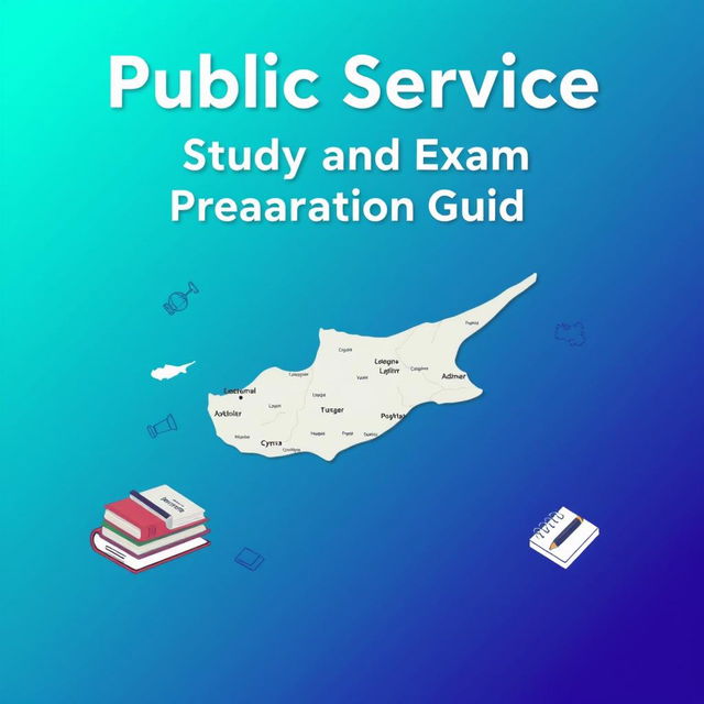 A visually appealing book cover for 'Public Service Study and Exam Preparation Guide' prominently featuring a detailed map of Cyprus as the focal point