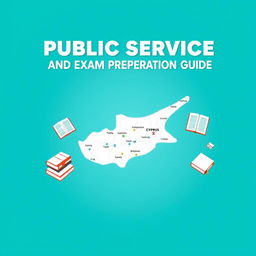 A visually appealing book cover for 'Public Service Study and Exam Preparation Guide' prominently featuring a detailed map of Cyprus as the focal point