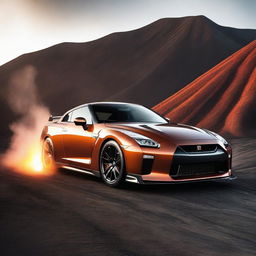 A remarkable Nissan GTR, seemingly crafted from bright, flowing lava, trailing sparks and the warm glow of molten earth as it speeds past