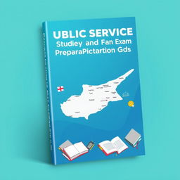 A visually appealing book cover for 'Public Service Study and Exam Preparation Guide' prominently featuring a detailed map of Cyprus as the focal point