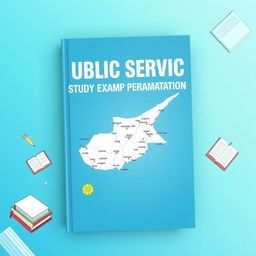 A visually appealing book cover for 'Public Service Study and Exam Preparation Guide' prominently featuring a detailed map of Cyprus as the focal point