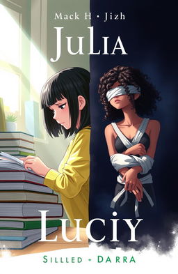 A book cover illustration featuring two main characters: Julia, a white girl with straight dark hair, deeply focused and studying, representing Brazil with a bright and sunny background; and Lucy, a mixed-race girl with curly hair, depicted in a dark setting suggesting Australia