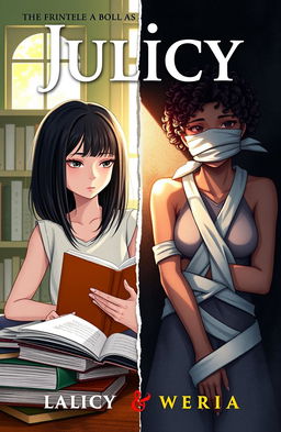 A book cover illustration featuring two main characters: Julia, a white girl with straight dark hair, deeply focused and studying, representing Brazil with a bright and sunny background; and Lucy, a mixed-race girl with curly hair, depicted in a dark setting suggesting Australia