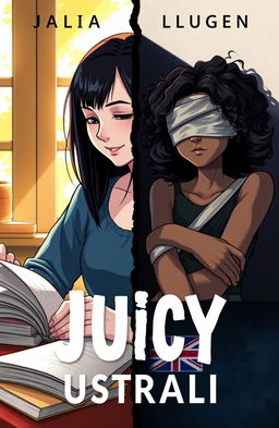 A book cover illustration featuring two main characters: Julia, a white girl with straight dark hair, deeply focused and studying, representing Brazil with a bright and sunny background; and Lucy, a mixed-race girl with curly hair, depicted in a dark setting suggesting Australia