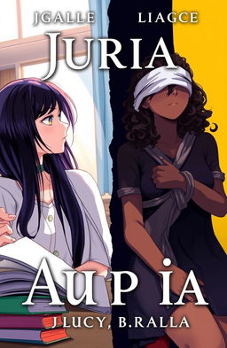 A book cover illustration featuring two main characters: Julia, a white girl with straight dark hair, deeply focused and studying, representing Brazil with a bright and sunny background; and Lucy, a mixed-race girl with curly hair, depicted in a dark setting suggesting Australia