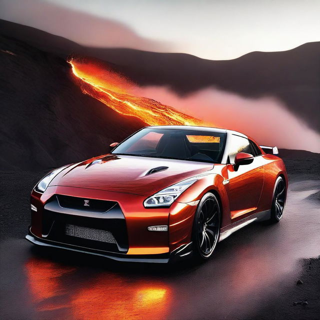 A remarkable Nissan GTR, seemingly crafted from bright, flowing lava, trailing sparks and the warm glow of molten earth as it speeds past