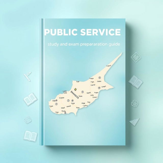 A striking book cover for 'Public Service Study and Exam Preparation Guide' that prominently features a detailed map of Cyprus as the main graphic element