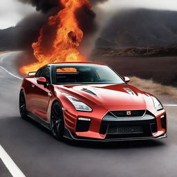 A striking Nissan GTR, seemingly born from the heart of a volcano, its body composed of bright, molten lava, emitting a fiery glow as it races down the road