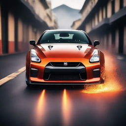 A striking Nissan GTR, seemingly born from the heart of a volcano, its body composed of bright, molten lava, emitting a fiery glow as it races down the road