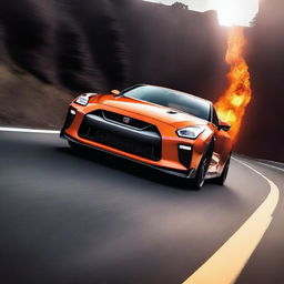 A striking Nissan GTR, seemingly born from the heart of a volcano, its body composed of bright, molten lava, emitting a fiery glow as it races down the road