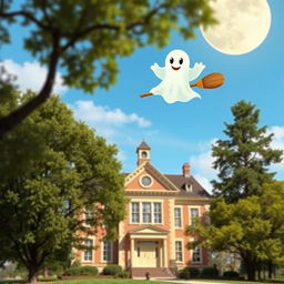 A whimsical scene featuring a ghost flying over a charming, old-fashioned school building