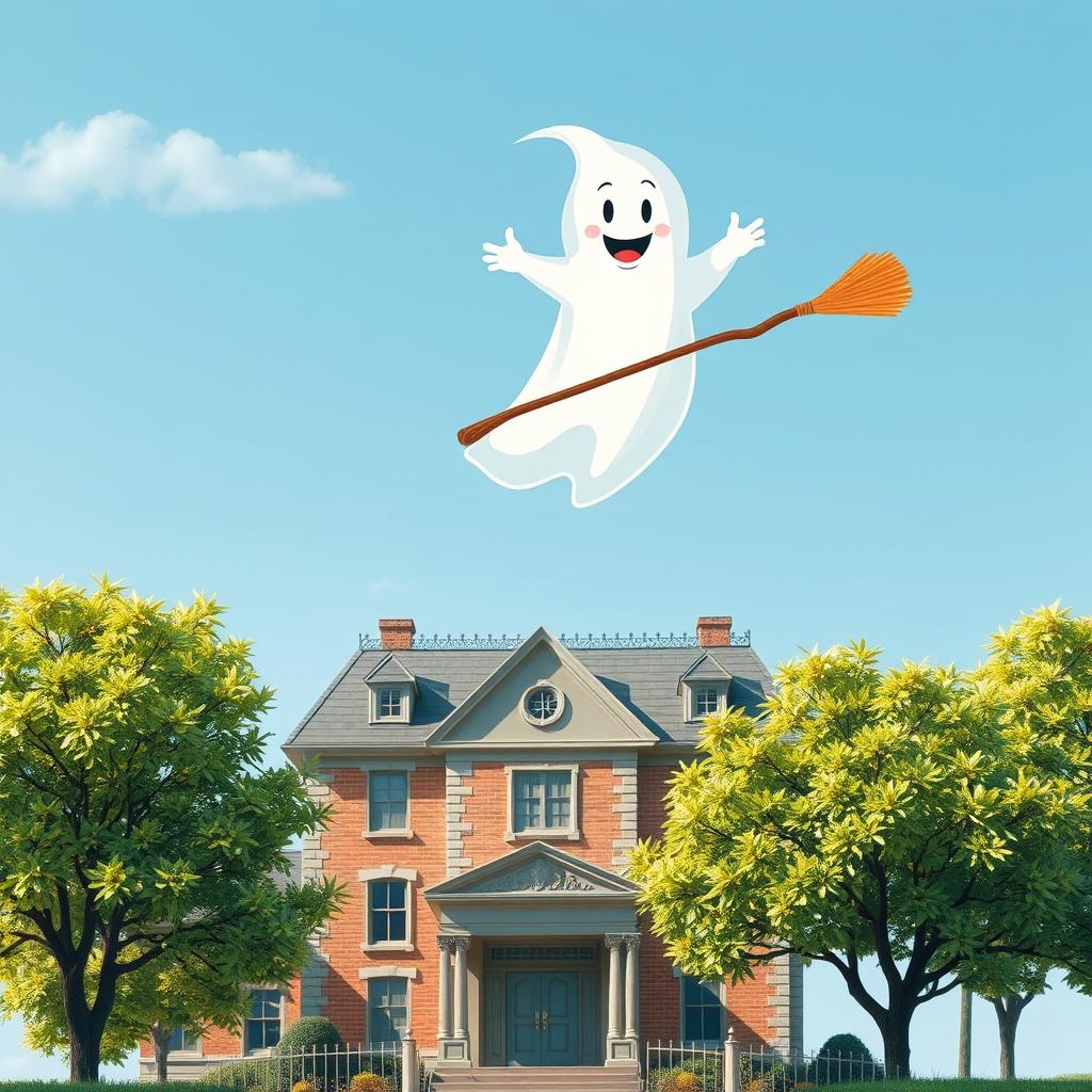 A whimsical scene featuring a ghost flying over a charming, old-fashioned school building