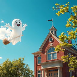 A whimsical scene featuring a ghost flying over a charming, old-fashioned school building
