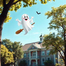 A whimsical scene featuring a ghost flying over a charming, old-fashioned school building
