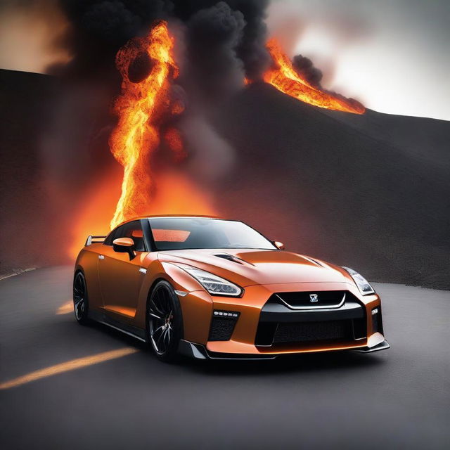 A striking Nissan GTR, seemingly born from the heart of a volcano, its body composed of bright, molten lava, emitting a fiery glow as it races down the road