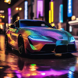 A Toyota Supra, the embodiment of luxury, carved entirely out of gleaming, multi-faceted diamonds, reflecting a spectrum of light as it sweeps down the street