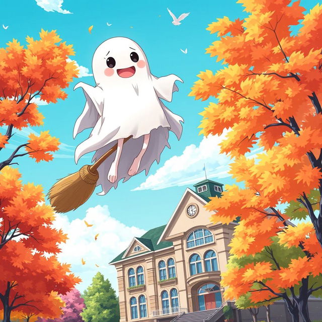 A lively anime-style scene featuring a ghost with legs flying over a charming school building on a broomstick