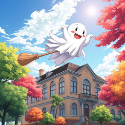 A lively anime-style scene featuring a ghost with legs flying over a charming school building on a broomstick