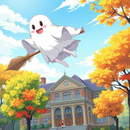 A lively anime-style scene featuring a ghost with legs flying over a charming school building on a broomstick