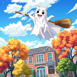 A lively anime-style scene featuring a ghost with legs flying over a charming school building on a broomstick