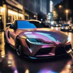 A Toyota Supra, the embodiment of luxury, carved entirely out of gleaming, multi-faceted diamonds, reflecting a spectrum of light as it sweeps down the street