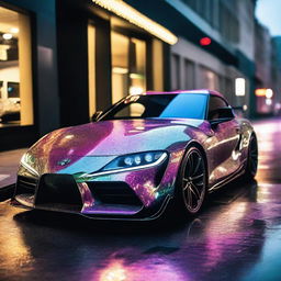 A Toyota Supra, the embodiment of luxury, carved entirely out of gleaming, multi-faceted diamonds, reflecting a spectrum of light as it sweeps down the street