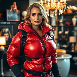A beautiful woman with large breasts, clad in a shiny red puffy cold-water immersion suit that glistens under the light