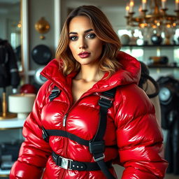 A beautiful woman with large breasts, clad in a shiny red puffy cold-water immersion suit that glistens under the light