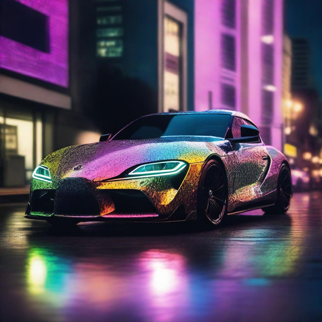 A Toyota Supra, the embodiment of luxury, carved entirely out of gleaming, multi-faceted diamonds, reflecting a spectrum of light as it sweeps down the street