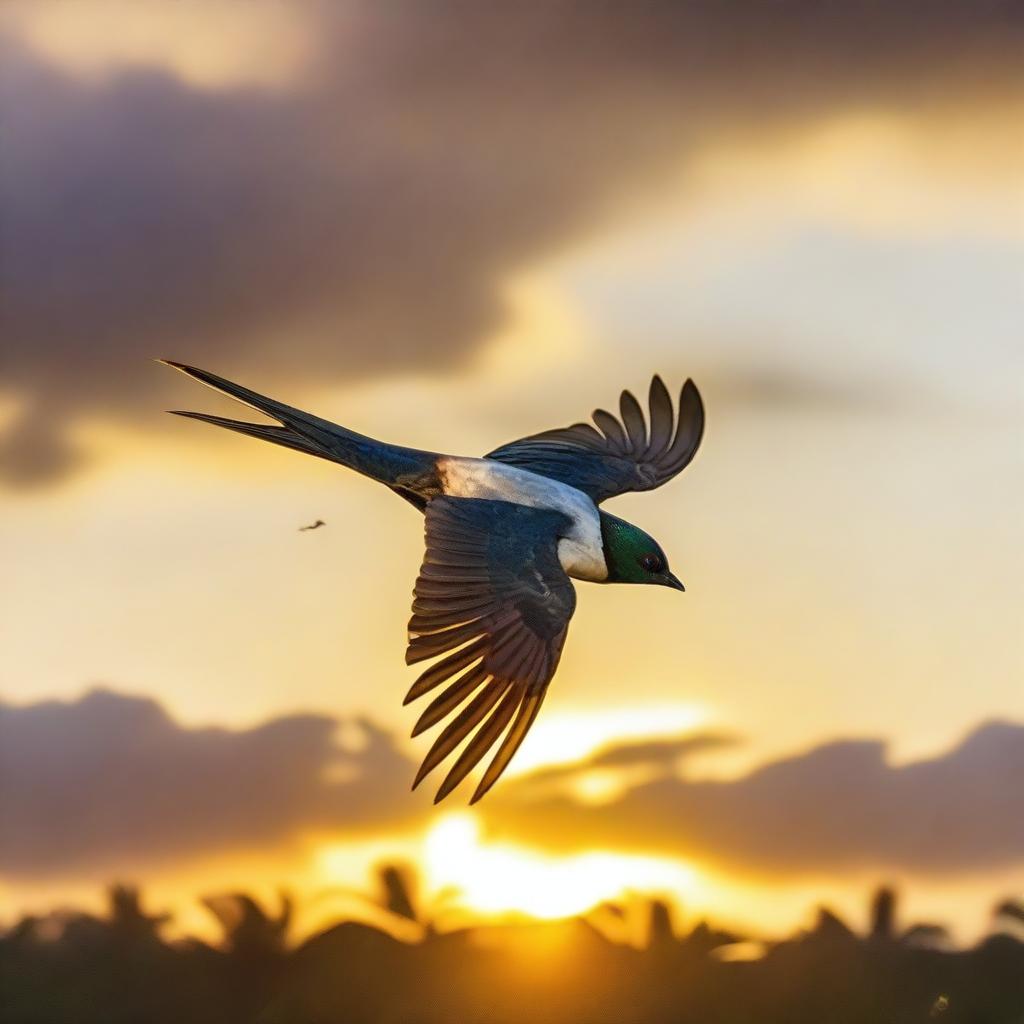 An African swallow in mid-flight, gripping a ripe coconut in its beak, contrasting against a beautiful African sunset in the background