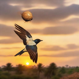 An African swallow in mid-flight, gripping a ripe coconut in its beak, contrasting against a beautiful African sunset in the background