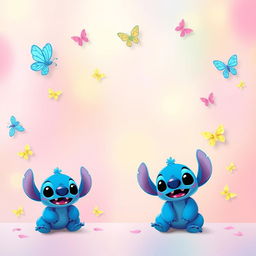 A vibrant background design featuring a soft gradient of pastel colors with playful blue animated aliens similar to Stitch and butterflies scattered throughout